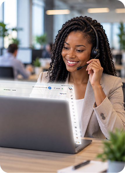 Axion team member on a headset working at a laptop with the Axion dashboard