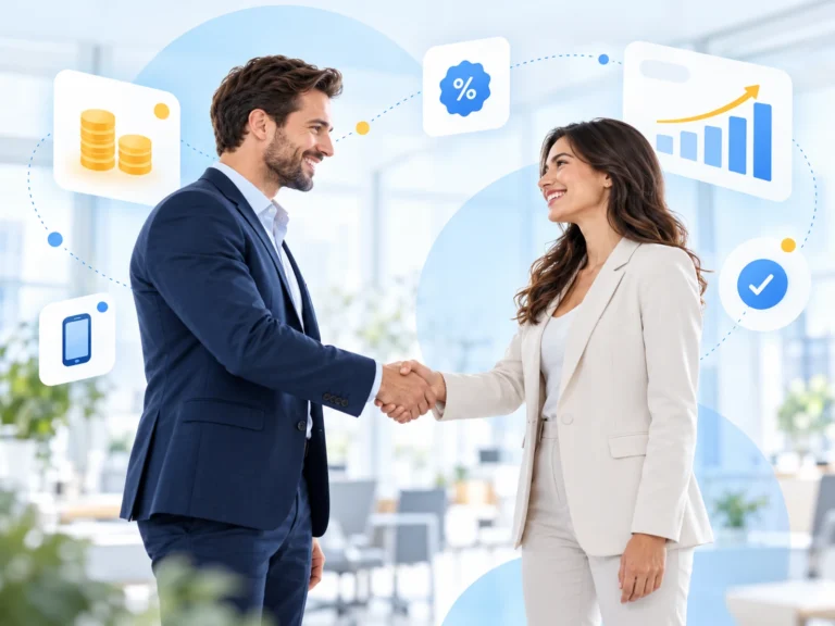 Business partners shaking hands with revenue and referral icons