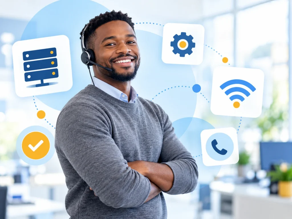 Office manager with headset and phone system infrastructure icons