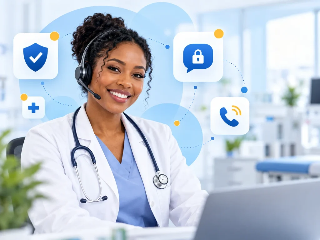 Healthcare professional with secure HIPAA-compliant communication icons