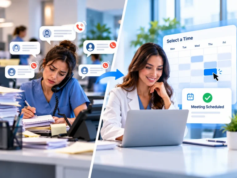 Before and after: a stressed receptionist juggling phone messages, and a smiling doctor booking a meeting from an Axion Schedule calendar