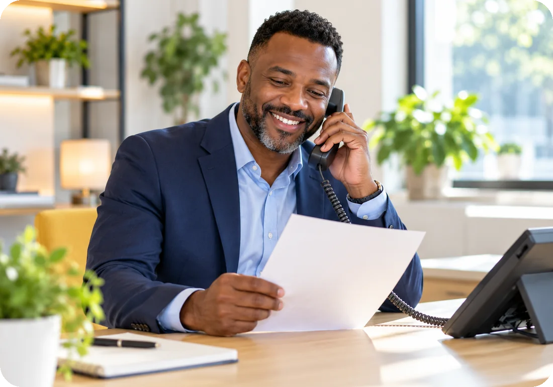 An office manager on a call reviewing a written quote