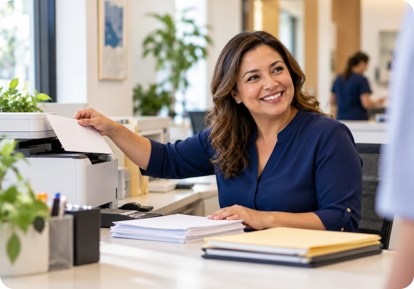 An office administrator collecting documents from the office printer