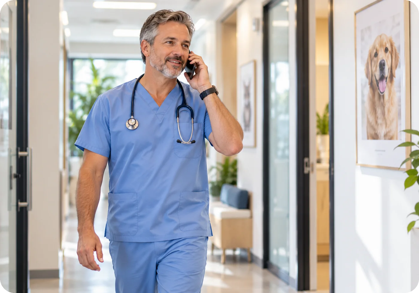A veterinarian taking a call on his phone in the clinic hallway