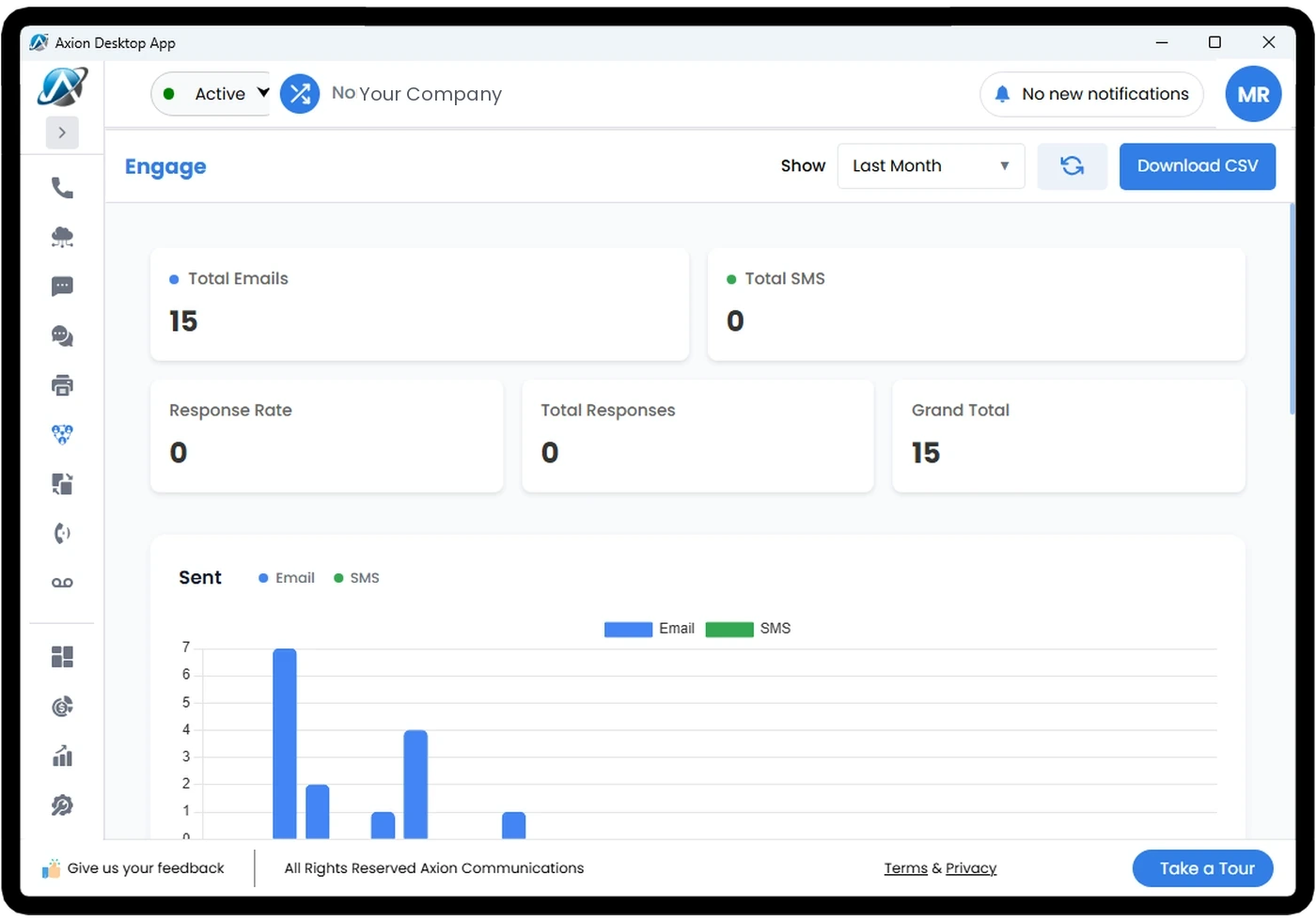 The Axion Engage dashboard showing emails and texts sent