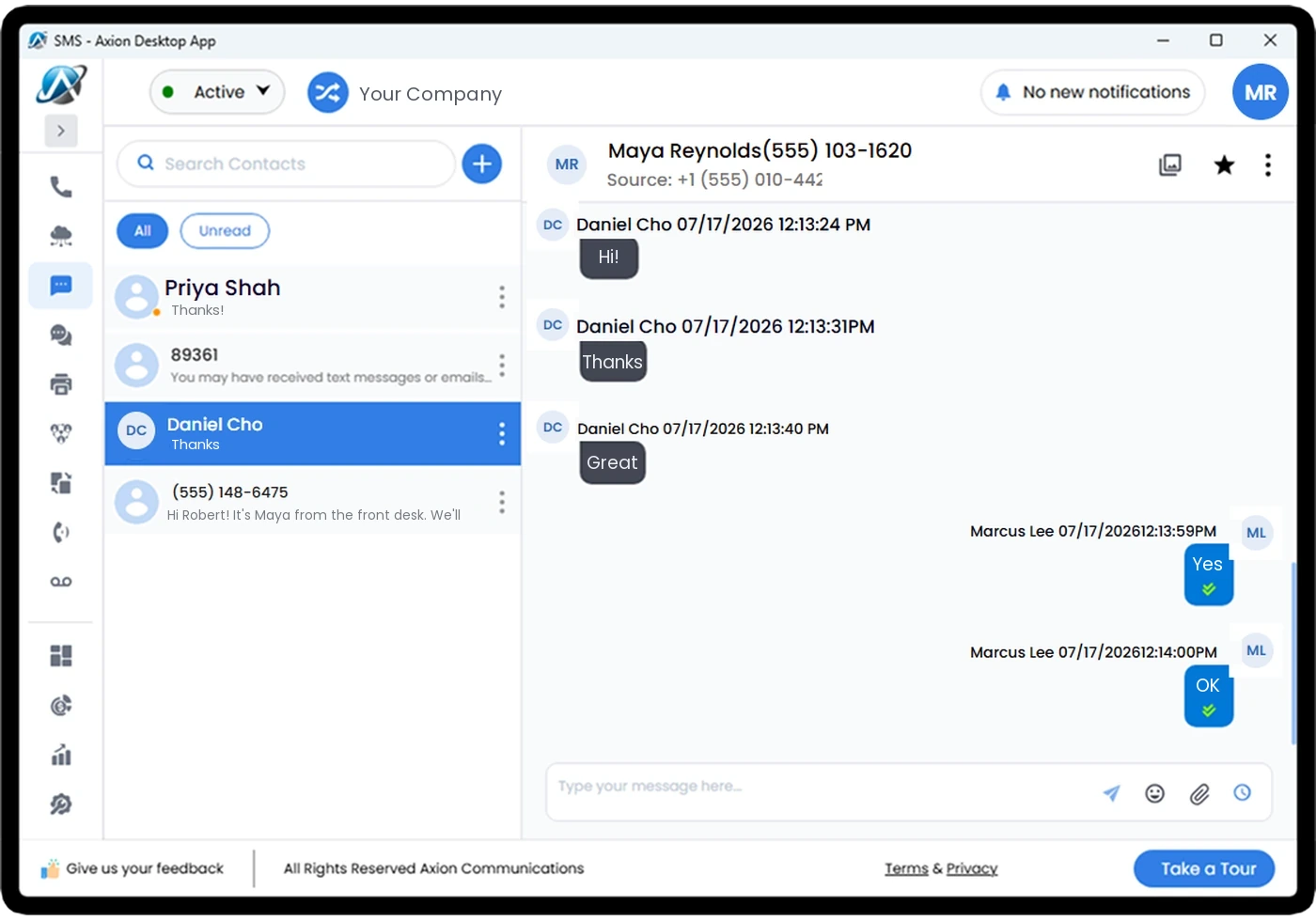 The Axion desktop app SMS screen with a text conversation